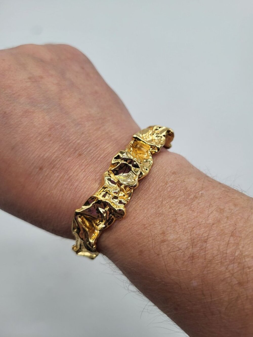 Gold Plated Nugget Cuff Bracelet Brutalist Textured Crushed Metal Look - Picture 5 of 10